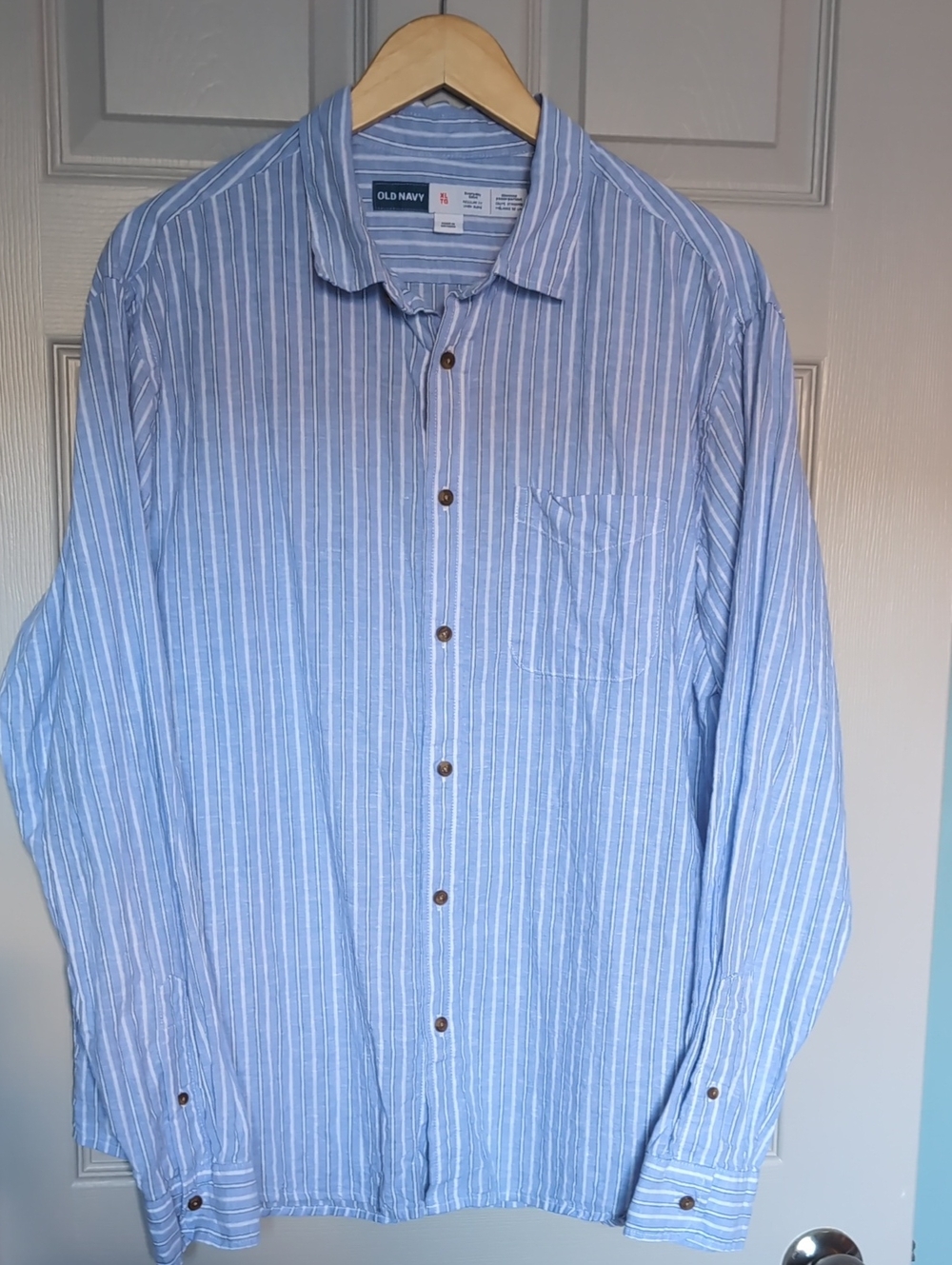 Old Navy Light Blue & White Striped Casual Button-Down Shirt - Linen Blend